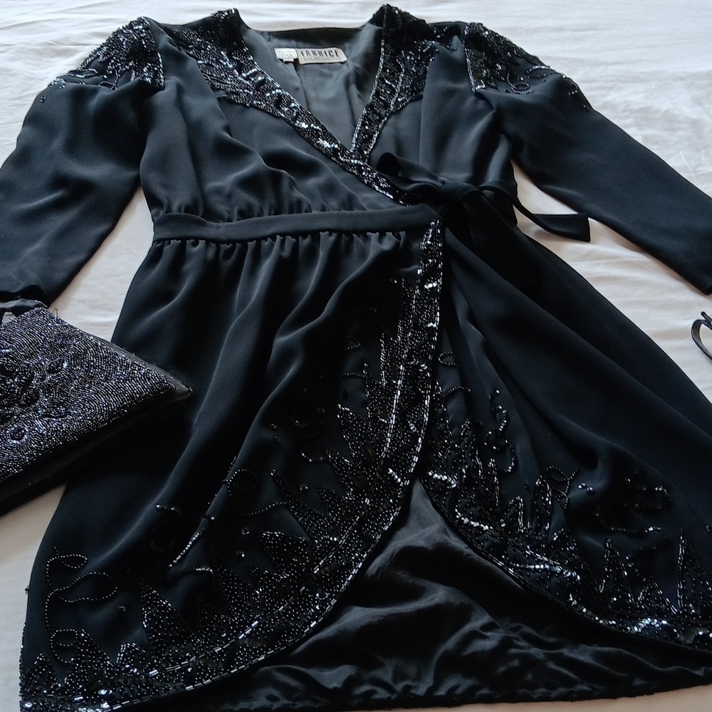 VINTAGE Silhouette Black Beaded Wrap-Front Long Sleeve Dress,Size10